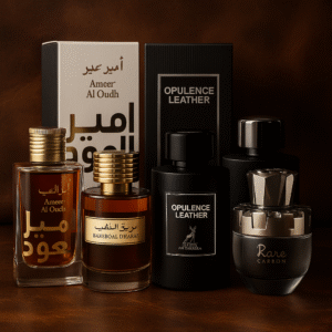 Pack -Decants "Cuero y Tabaco" (4x5ml) + 2x2.5ml obsequio <h5>Lattafa Ameer Al Oudh</h5> <h5>Al Wataniah Bareeq Al Dhahab</h5> <h5>Afnan Rare Carbon</h5> <h5>Maison Alhambra Opulence Leather</h5>