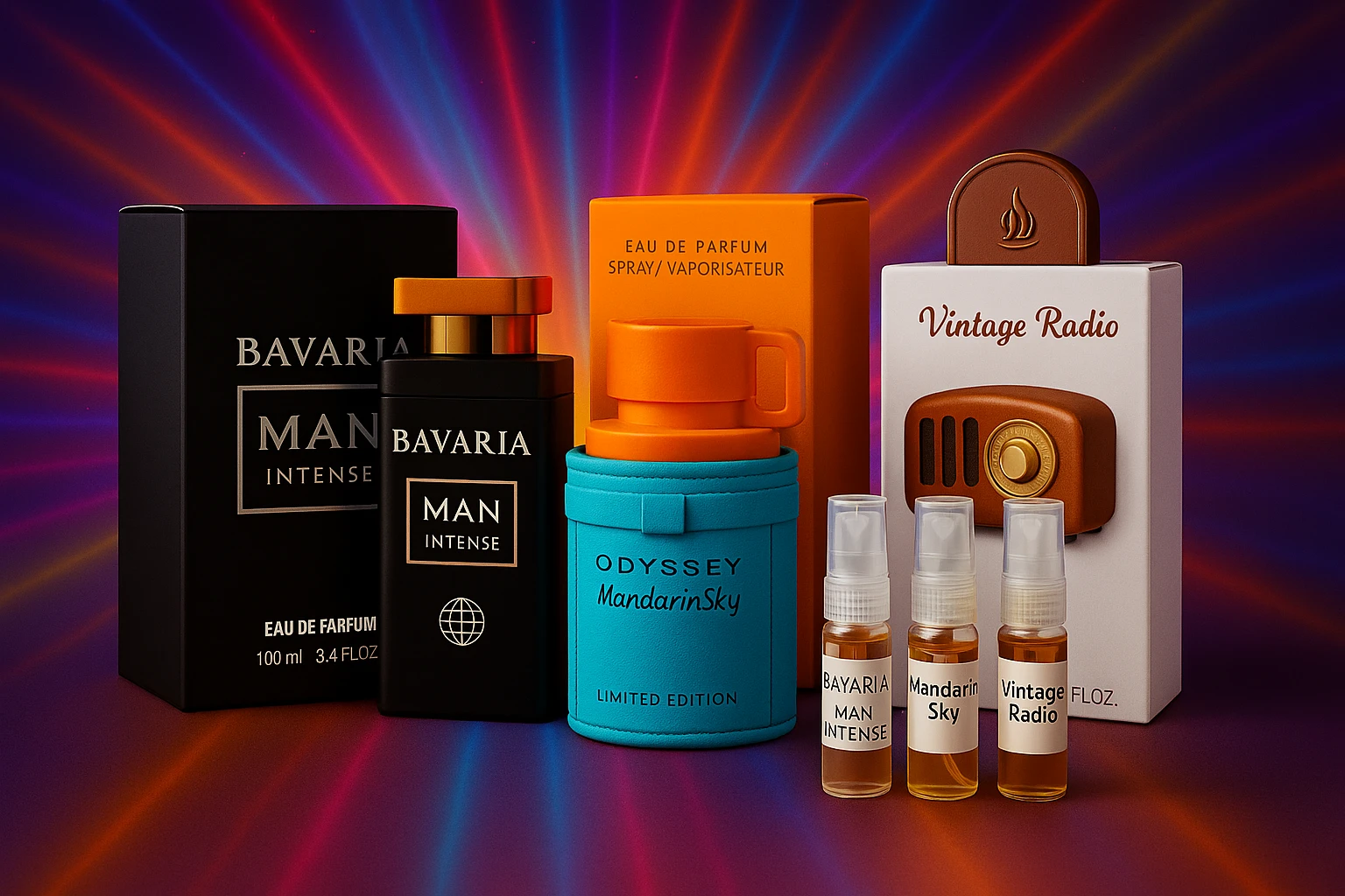 Pack Decants "Fiesta & Estilo" 3x5ml + (2x2.5ml obsequio)<h5>Bavaria Man Intense</h5><h5>Odyssey Mandarin Sky</h5><h5>Vintage Radio</h5>