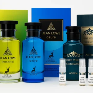 Pack Decants "Vision Azul Inmortal" 3x5ml   (2x2.5ml de obsequio)<h5>Maison Alhambra Jean Lowe Azure</h5> <h5>Maison Alhambra Jean Lowe Inmortel</h5> <h5>Asten Luxe Vision Fascination</h5>