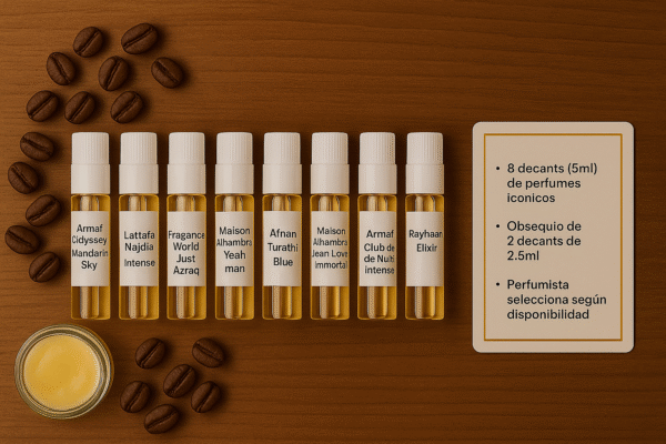 Kit Decants Introduccion (8x2,5ml) + (2x2,5ml obsequio)<h5>Odyssey Mandarin Sky-Lattafa Najdia Intense-Just Azraq Fragance World- Yeah man-Afnan Turathi Blue-Maison Alhambra Jean Lowe Inmortel-Armaf Club de Nuit Intense- Rayhaan Elixir</h5>