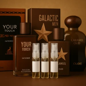 Pack Decants "Sweet Arabian Dream" 3x5ml   (2x2.5ml de obsequio)<h5>Maison Alhambra Your Touch</h5> <h5>Galactic Men Intense</h5> <h5>Ard Al Zaafaran Caramel Oud</h5>