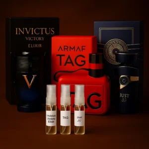 Pack Decants "Fuerza & Elegancia" 3x5ml   (2x2.5ml de obsequio) <h5>Invictus Victory Elixir</h5> <h5>Just Azraq</h5><h5>Armaf Tag Uom Rosso</h5>