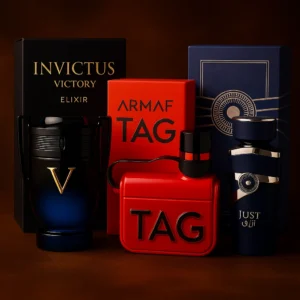 Pack Decants "Fuerza & Elegancia" 3x5ml   (2x2.5ml de obsequio) <h5>Invictus Victory Elixir</h5> <h5>Just Azraq</h5><h5>Armaf Tag Uom Rosso</h5>